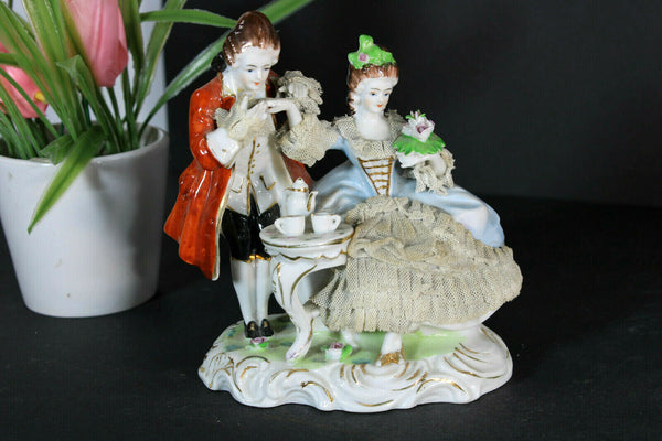 Antique French porcelain statue romantic group lace