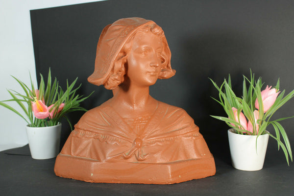 antique art deco chalkware bust lady girl terracotta colour