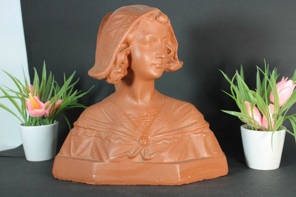 antique art deco chalkware bust lady girl terracotta colour