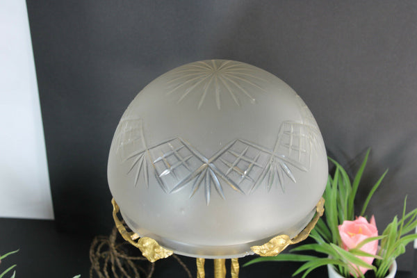 Antique Art nouveau Bronze Floral Frame mushroom crystal glass bowl lamp