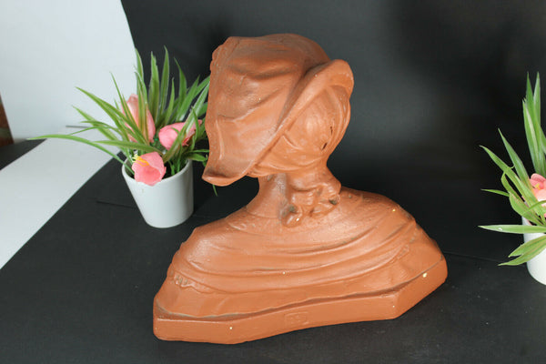 antique art deco chalkware bust lady girl terracotta colour