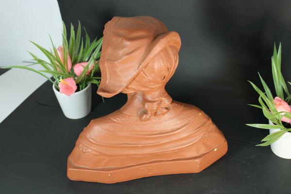 antique art deco chalkware bust lady girl terracotta colour