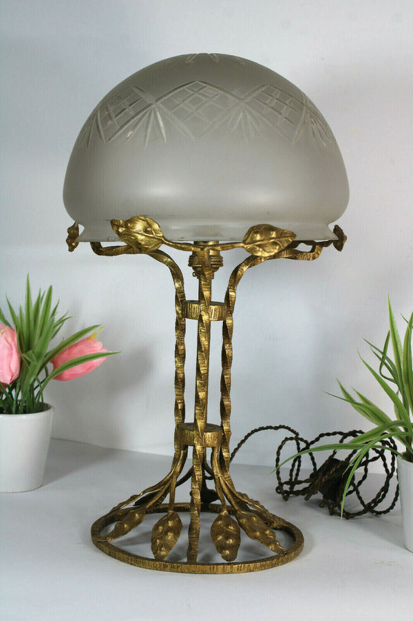 Antique Art nouveau Bronze Floral Frame mushroom crystal glass bowl lamp