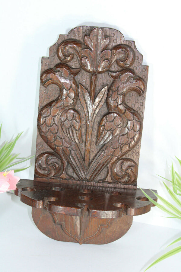 Antique French wood carved wall pipe rack console birds rare