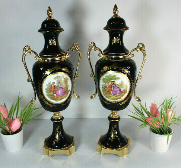 PAIR Vintage french limoges porcelain swan handle vases