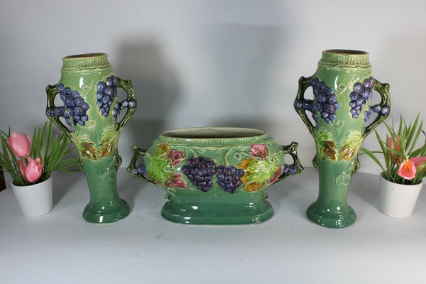 antique barbotine majolica centerpiece vases mantel set fruit grapes 1900s