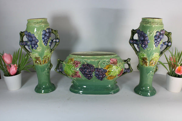 antique barbotine majolica centerpiece vases mantel set fruit grapes 1900s