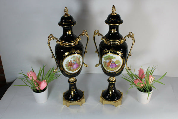PAIR Vintage french limoges porcelain swan handle vases