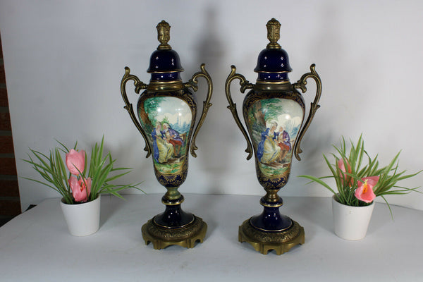 Vintage cobalt blue limoges Vases victorian scenes Bronze base