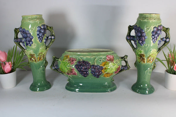 antique barbotine majolica centerpiece vases mantel set fruit grapes 1900s