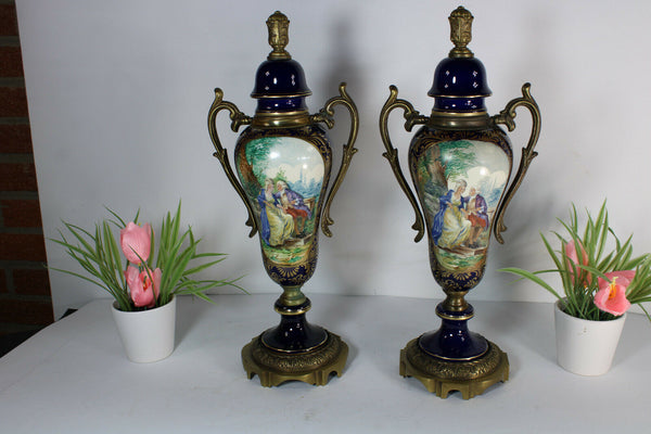 Vintage cobalt blue limoges Vases victorian scenes Bronze base