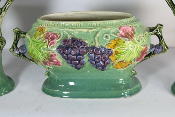 antique barbotine majolica centerpiece vases mantel set fruit grapes 1900s