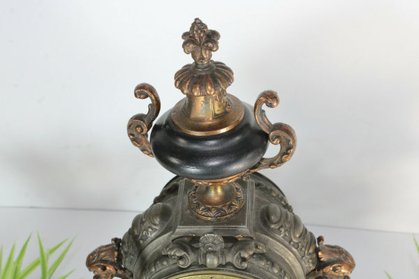 Antique French mantel clock dolphin fish caryatid head wood base