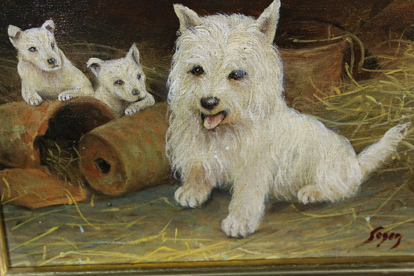 Vintage oil canvas dog painting signed