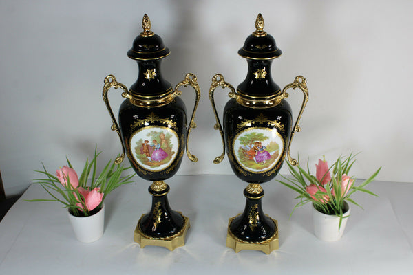 PAIR Vintage french limoges porcelain swan handle vases