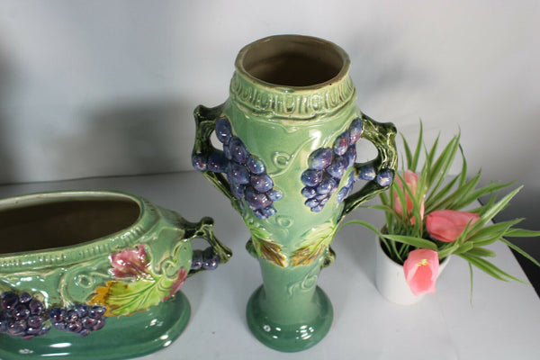 antique barbotine majolica centerpiece vases mantel set fruit grapes 1900s