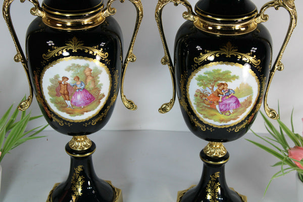 PAIR Vintage french limoges porcelain swan handle vases