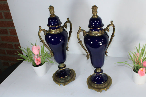 Vintage cobalt blue limoges Vases victorian scenes Bronze base