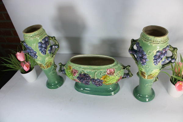 antique barbotine majolica centerpiece vases mantel set fruit grapes 1900s