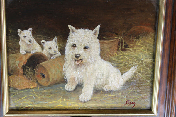 Vintage oil canvas dog painting signed
