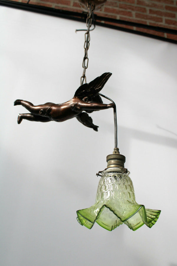 Antique zamac Metal bronze patina cherub putti pendant lamp chandelier