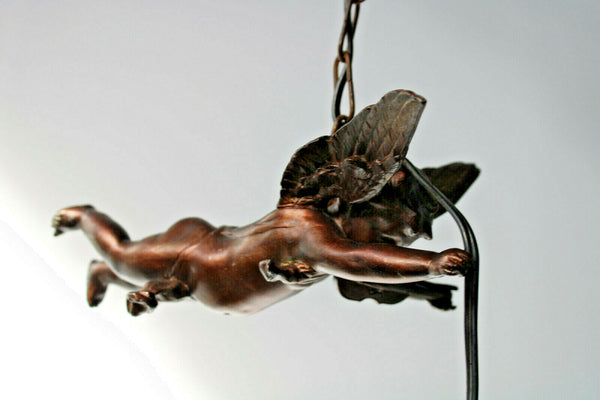 Antique zamac Metal bronze patina cherub putti pendant lamp chandelier