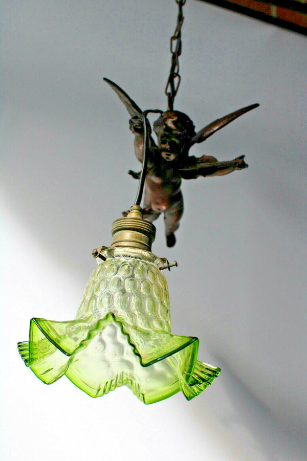 Antique zamac Metal bronze patina cherub putti pendant lamp chandelier