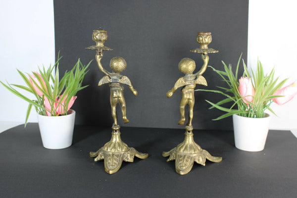 PAIR vintage bronze putti cherub figurine candle holders