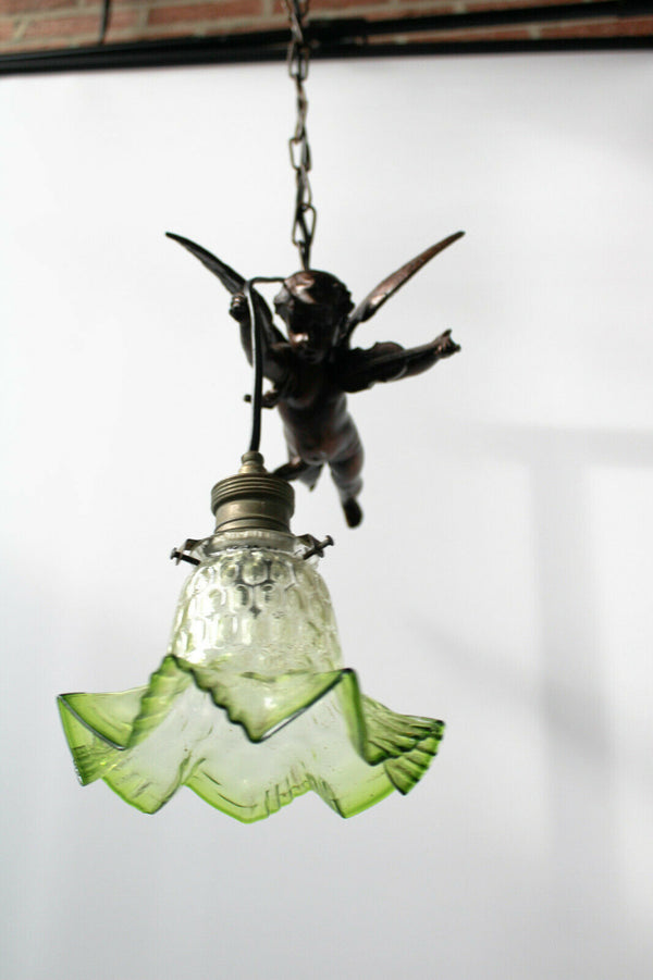 Antique zamac Metal bronze patina cherub putti pendant lamp chandelier