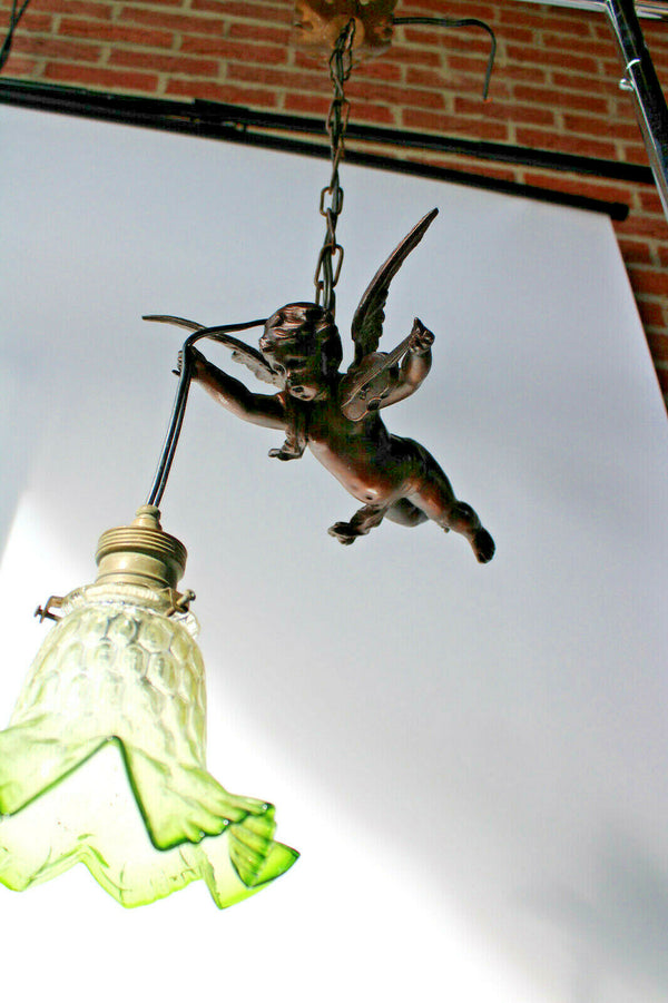 Antique zamac Metal bronze patina cherub putti pendant lamp chandelier