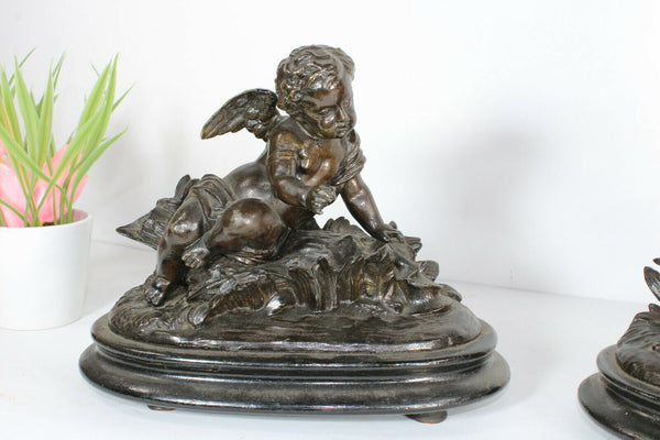 PAIR antique zamac putti cherub romantic statue