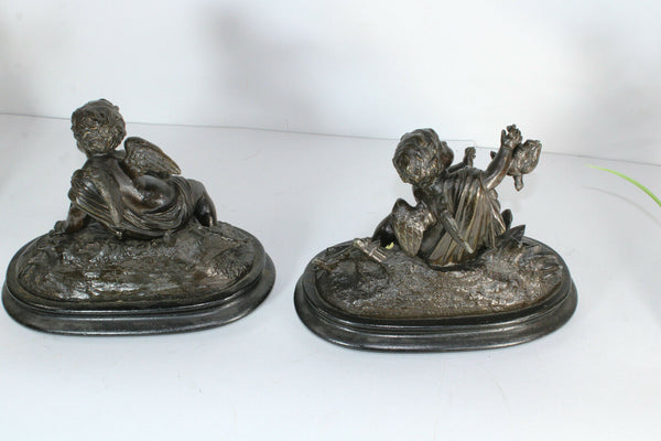 PAIR antique zamac putti cherub romantic statue