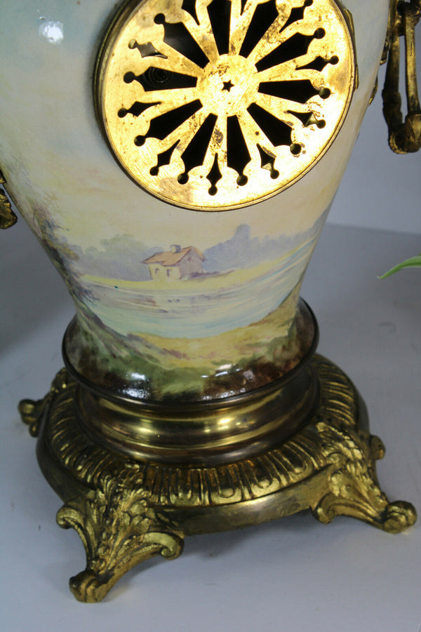 Antique Belgian faience ceramic hand paint MAntel clock sphinx lion heads rare