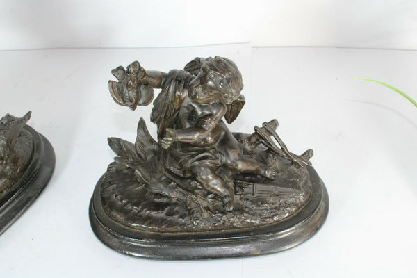 PAIR antique zamac putti cherub romantic statue