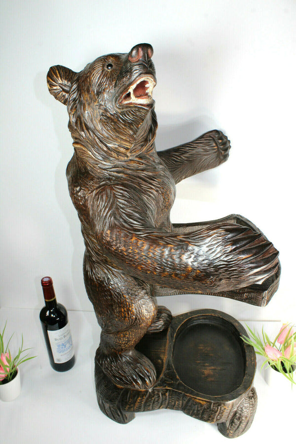 Top antique Swiss rare black forest wood carved bear umbrella stand