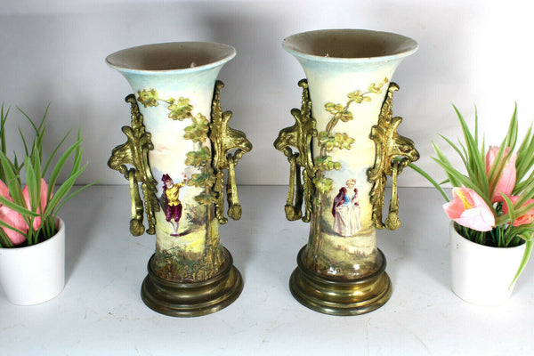 PAIR antique Faience hand paint victorian figurine Vases lion heads