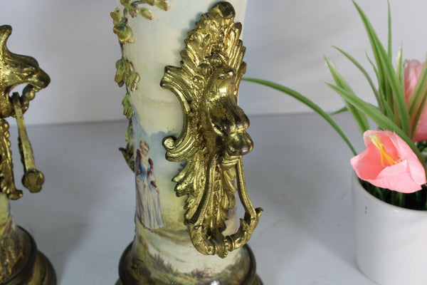 PAIR antique Faience hand paint victorian figurine Vases lion heads