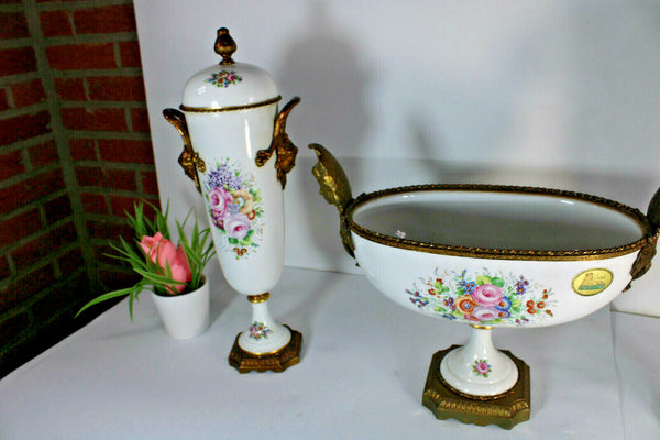 Vintage limoges mantel porcelain set centerpiece vases Bronze Caryatids