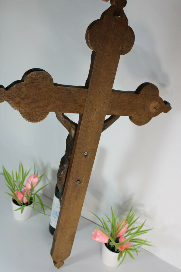 LARGE Antique french wood carved crucifix religious