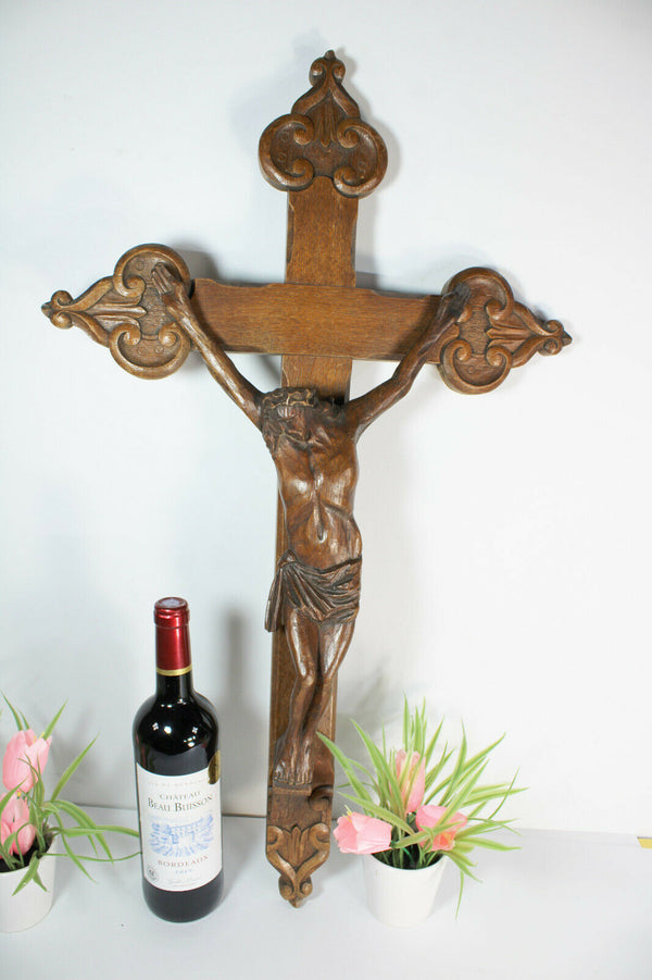 LARGE Antique french wood carved crucifix religious