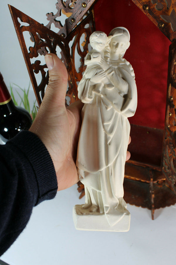 Antique Large French wood cut neo gothic chapel madonna chalkware statue rare