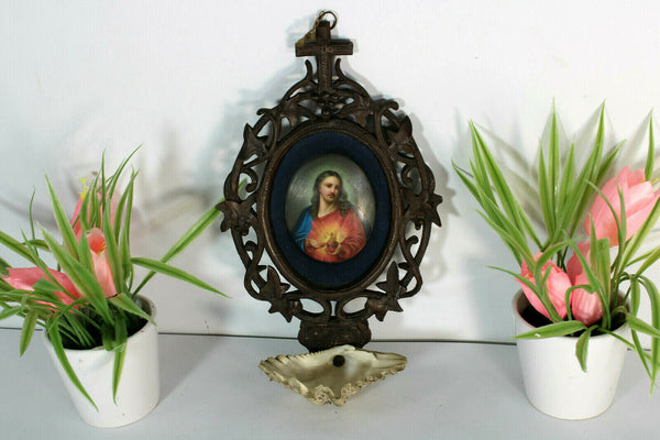 Antique black forest wood carved porcelain medaillon christ holy water font rare