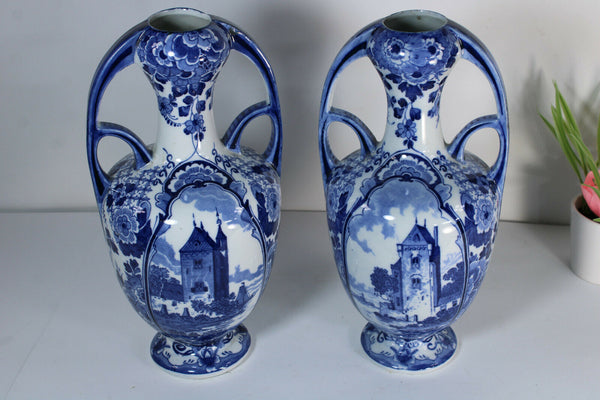 Vintage pair delft pottery blue white Vases marked