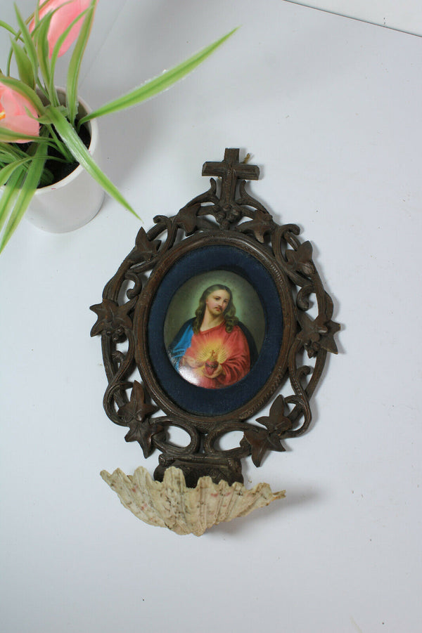 Antique black forest wood carved porcelain medaillon christ holy water font rare