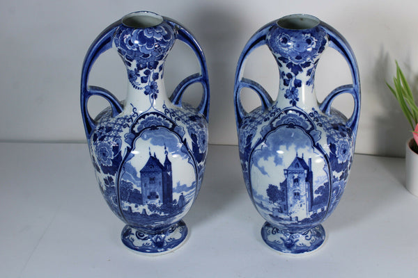 Vintage pair delft pottery blue white Vases marked