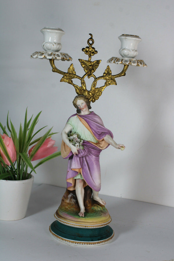 Antique French Vieux paris pastel Bisque porcelain Candle holder lady figurine