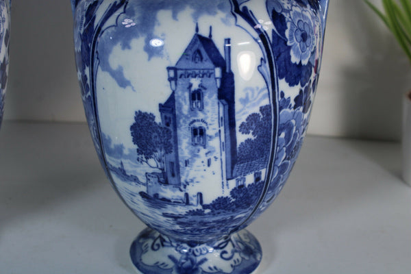 Vintage pair delft pottery blue white Vases marked