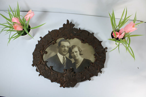 Antique Black forest wood carved photo picture frame signed artist