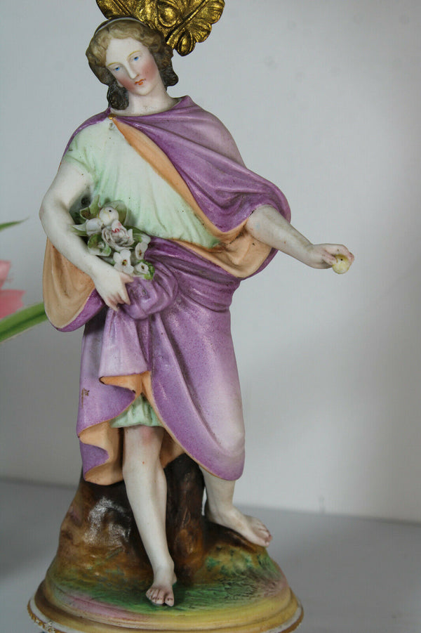 Antique French Vieux paris pastel Bisque porcelain Candle holder lady figurine