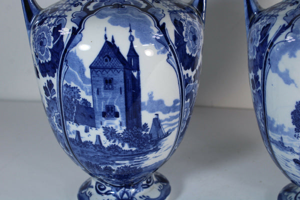 Vintage pair delft pottery blue white Vases marked